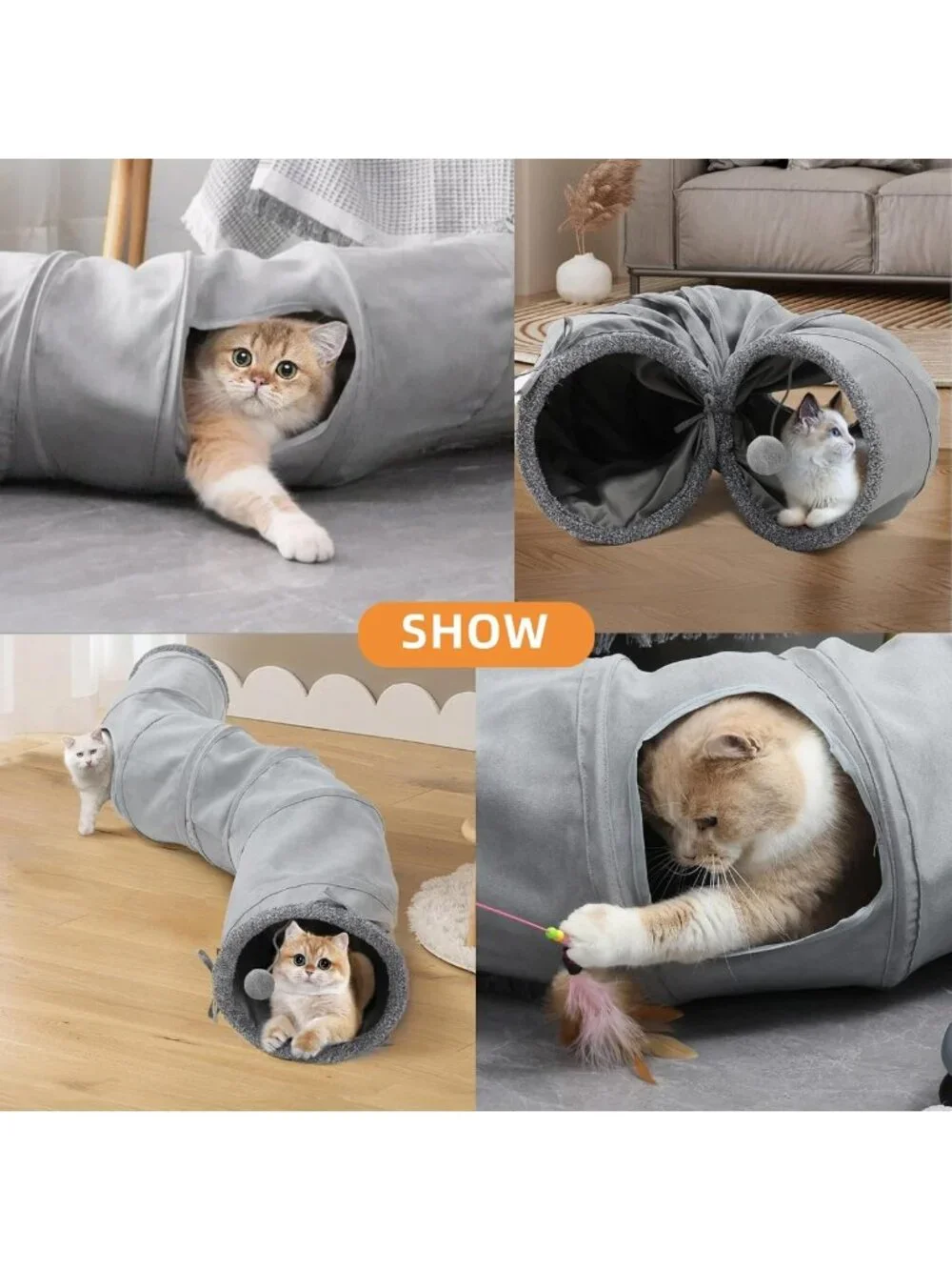 Collapsible 2-Way Cat Tunnel Tube with Peephole & Hanging Ball - Fun Maze for